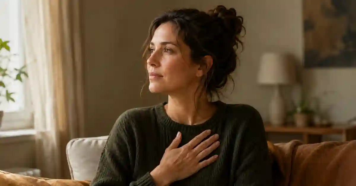 An adult woman in a warm room placing a hand on her chest while listening for her own feelings.