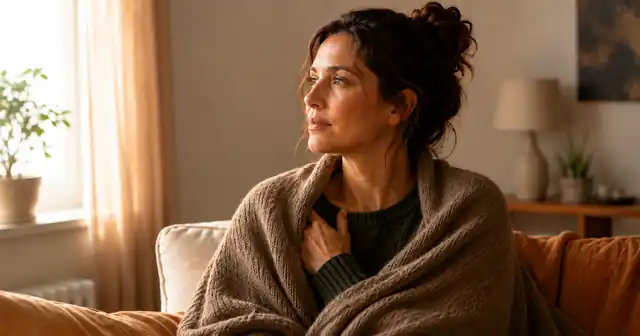 A woman wrapped in a warm blanket gradually reconnecting with her body and the present moment.