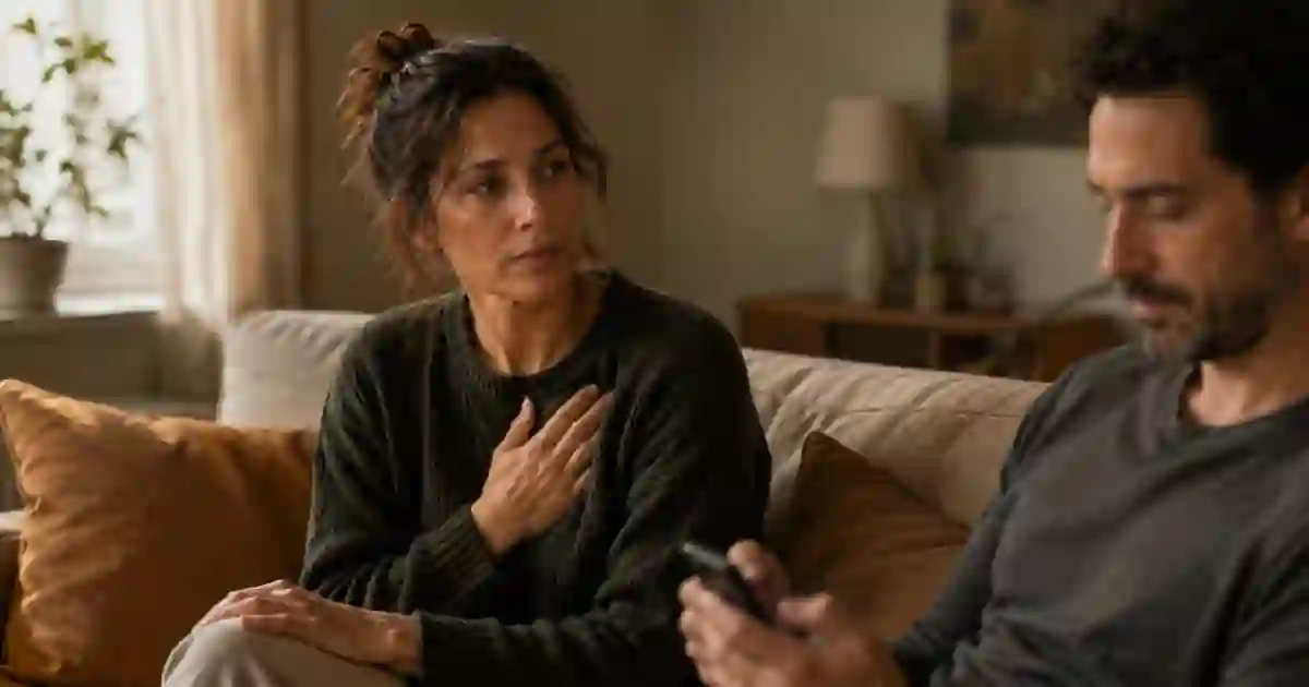 A woman calming herself on a couch beside an emotionally distant partner.