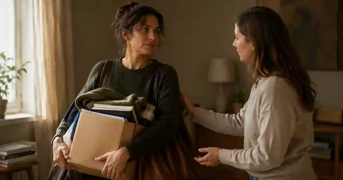 A woman carrying many items alone while another person carefully offers help.