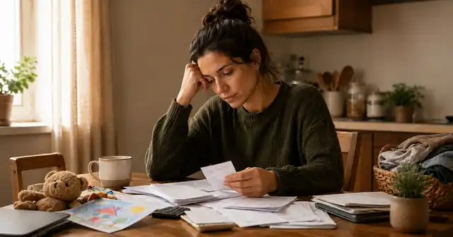 A tired young woman managing family tasks at a kitchen table beside children's belongings.