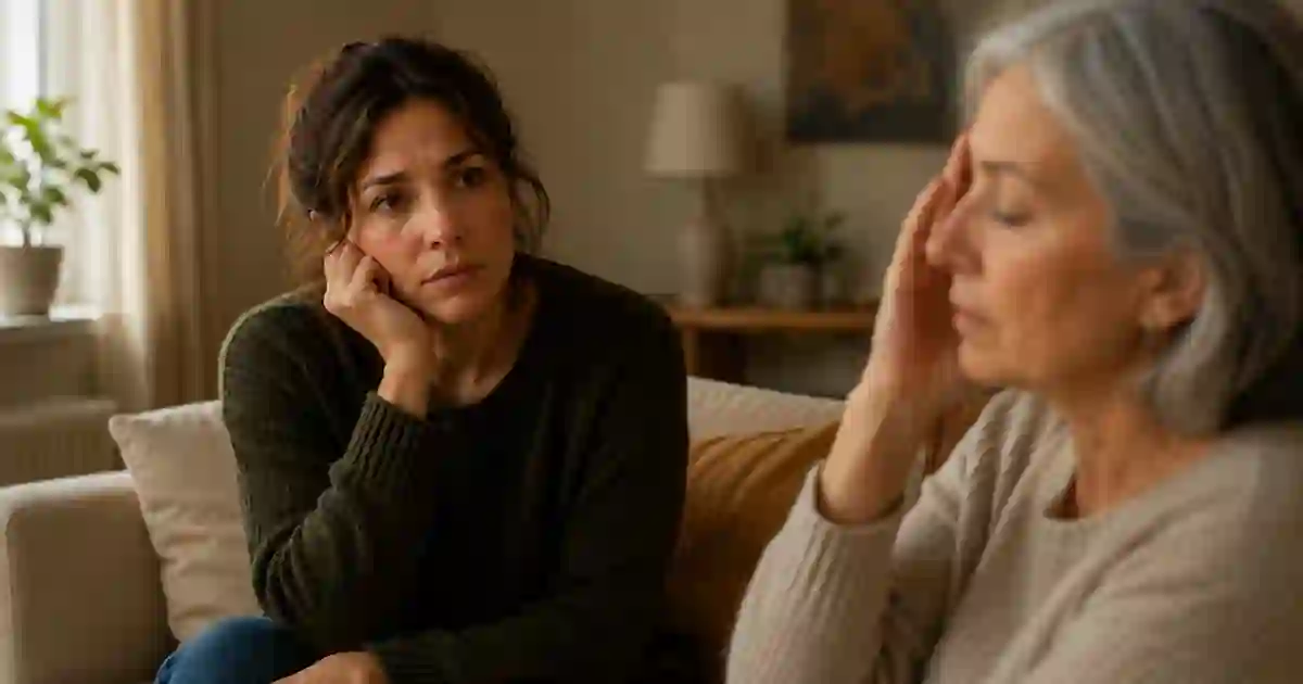 An adult daughter facing an emotionally closed older woman during a difficult conversation.
