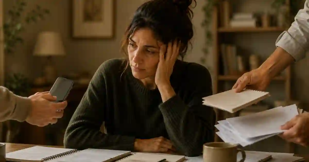 A woman at a crowded desk overwhelmed by other people's requests while trying to notice her own limits.