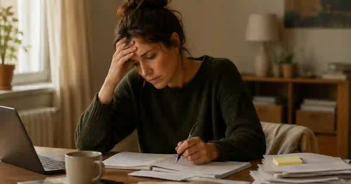 A tired woman at an overloaded work desk feeling pressure from high standards.