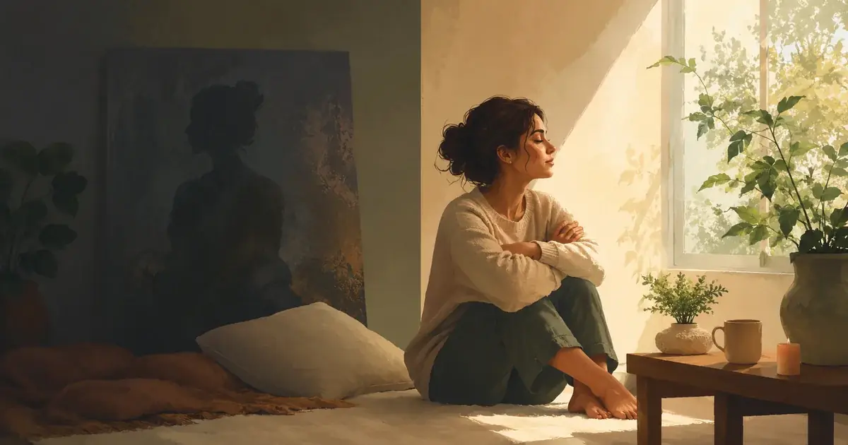 A woman sitting between shadow and warm sunlight as she reflects and rebuilds her sense of self-worth.